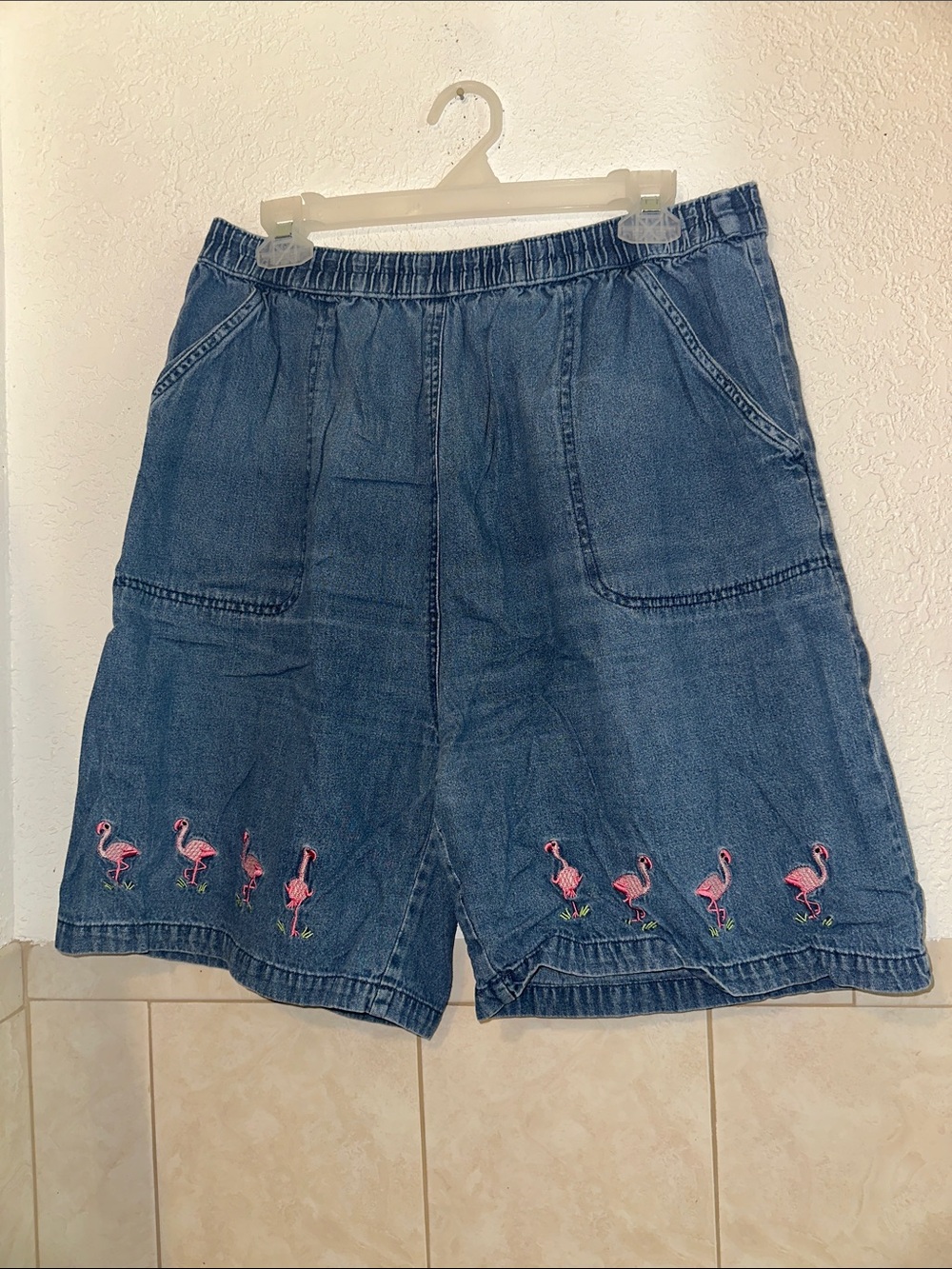 Women's Vintage Denim Shorts with Pink Flamingo Embroidery Size 1XL